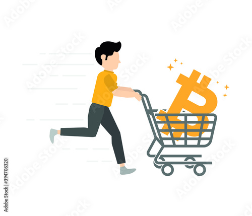 Bitcoin shopping cart concept flat vector.
