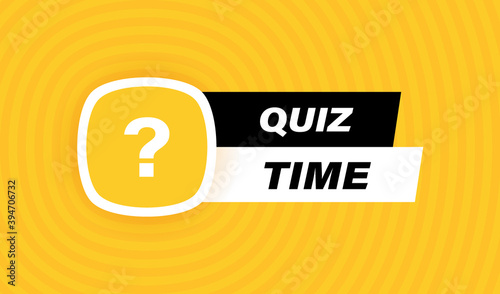 Quiz time badge design with question mark isolated on geometric background in yellow colors. Modern flat style vector illustration