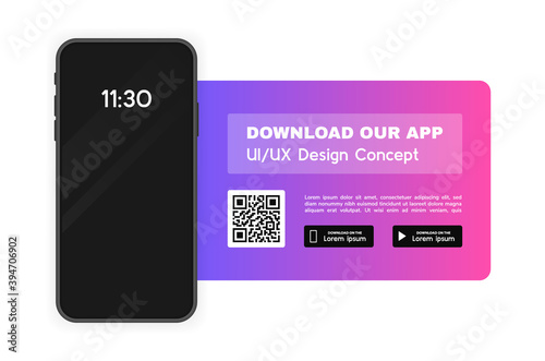 Download our app advertising banner. App for mobile phone. Phone mockup template for your application. Modern Vector illustration