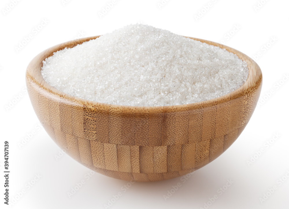 Granulated white sugar in wooden bowl isolated on white background with clipping path