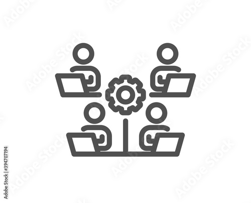 Teamwork line icon. Remote office sign. Networking team employees symbol. Quality design element. Linear style teamwork icon. Editable stroke. Vector