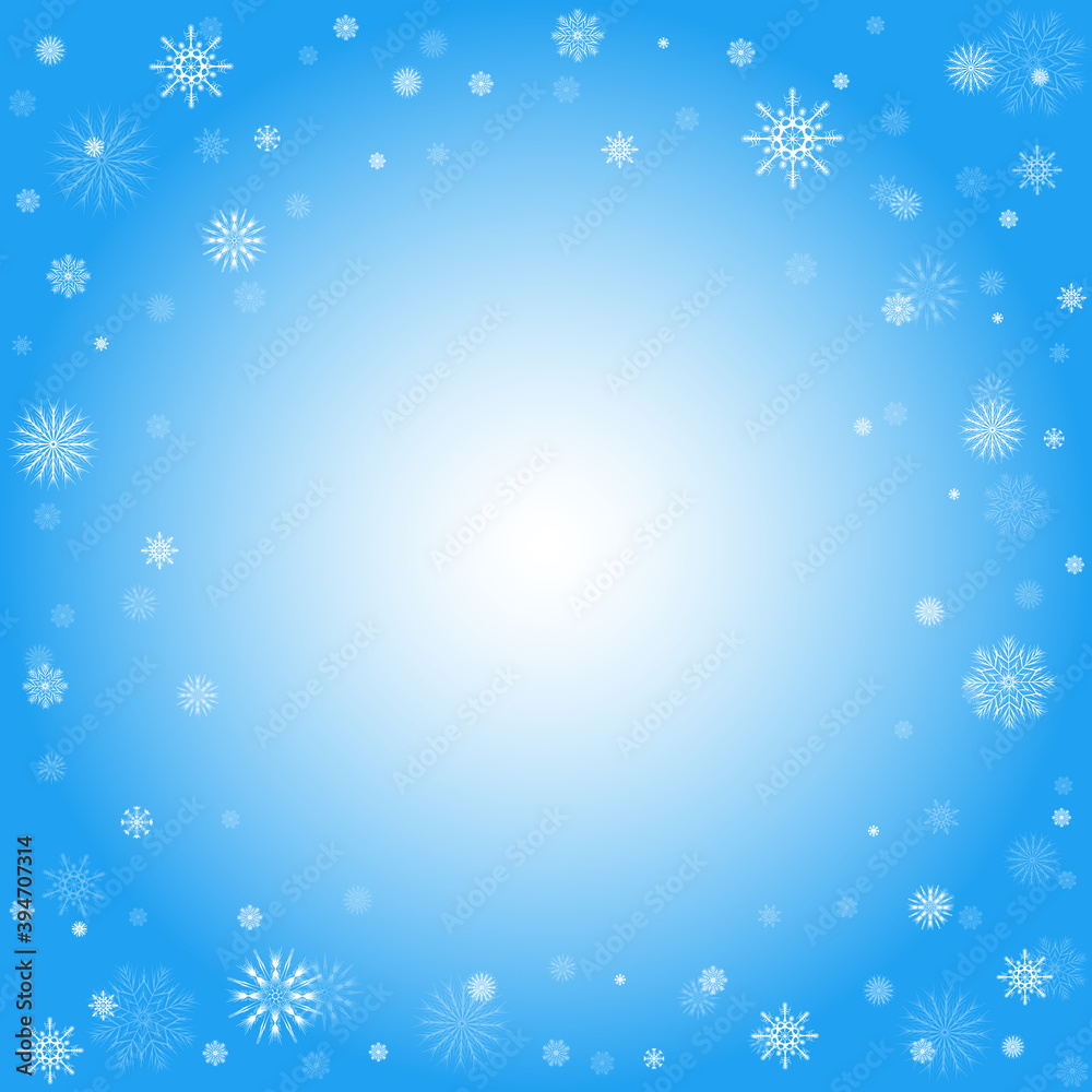 New Year and Christmas festive card. Bright winter holidays background with snowflakes. Add your text. Vector illustration