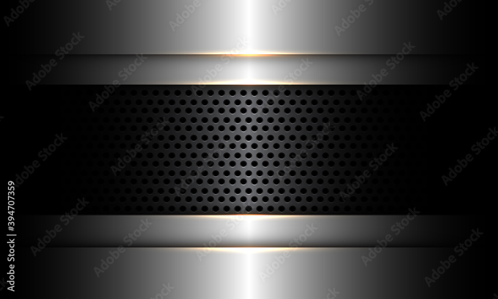 Abstract dark grey metallic circle mesh banner on silver design modern luxury futuristic technology industrial background vector illustration. Abstract dark grey metallic circle mesh banner on silver design modern luxury futuristic technology industrial background vector illustration.