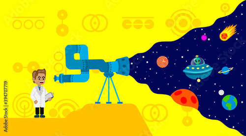 Illustration of scientist observing the universe, planets and spaceships manned by aliens