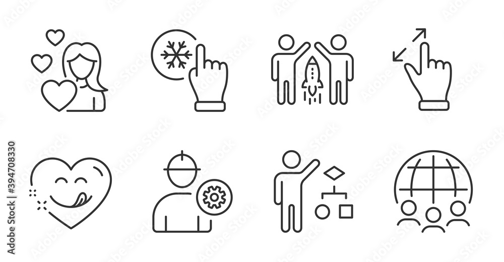 Global business, Love and Touchscreen gesture line icons set. Partnership, Yummy smile and Algorithm signs. Engineer, Freezing click symbols. Outsourcing, Woman in love, Zoom in. People set. Vector