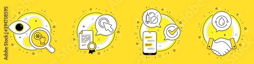 Medical drugs, Click here and Freezing click line icons set. Licence, cell phone and deal vector icons. Cold-pressed oil sign. Medicine pills, Push button, Air conditioner. Organic tested. Vector