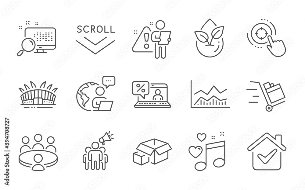 Fototapeta premium Seo target, Packing boxes and Online loan line icons set. Meeting, Trade infochart and Arena stadium signs. Search, Love music and Scroll down symbols. Line icons set. Vector