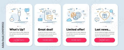 Set of Business icons, such as Champagne glass, Mail letter, World money symbols. Mobile screen app banners. Romantic gift line icons. Winery, Read e-mail, Global markets. Surprise with love. Vector