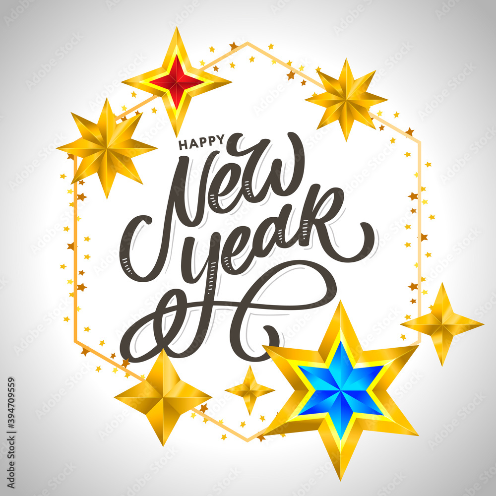 Happy New Year 2020. Lettering Composition With Stars And Sparkles. Holiday Vector Illustration frame Happy New Year 2020. Lettering Composition With Stars And Sparkles. Holiday Vector Illustration frame