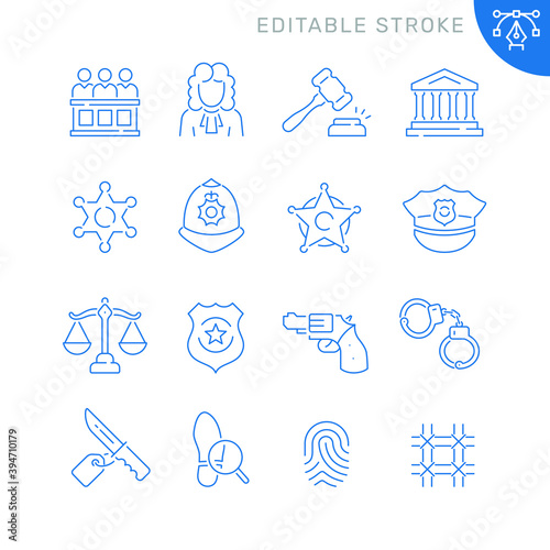 Law and justice related icons. Editable stroke. Thin vector icon set