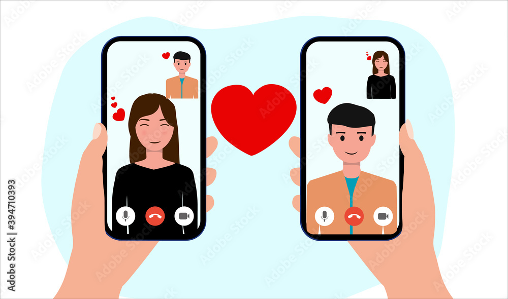 Video call concept. Lovers are having video calls using the smartphone. Love during quarantine. Human hand hold device with people on screen. People and gadgets. Love on distance. Vector illustration Video call concept. Lovers are having video calls using the smartphone. Love during quarantine. Human hand hold device with people on screen. People and gadgets. Love on distance. Vector illustration