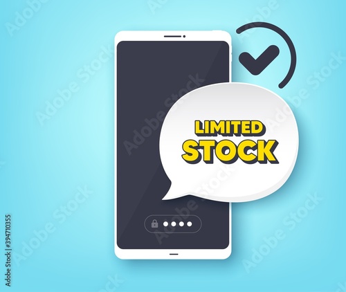 Limited stock sale. Mobile phone with alert notification message. Special offer price sign. Advertising discounts symbol. Customer service app banner. Limited stock badge shape. Vector