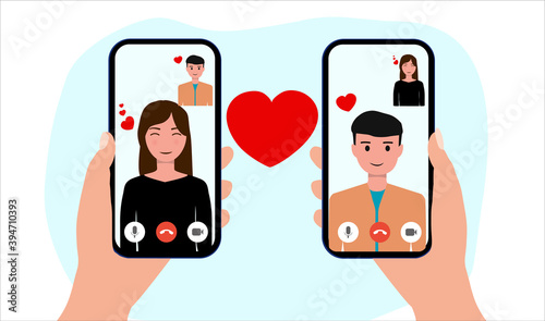 Video call concept. Lovers are having video calls using the smartphone. Love during quarantine. Human hand hold device with people on screen. People and gadgets. Love on distance. Vector illustration