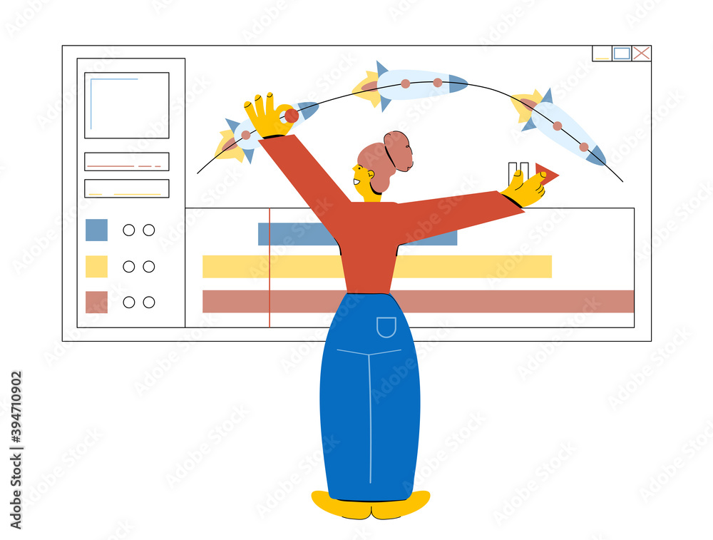 Young woman animator work on her an animation project. Process of  developing an app, make a game. Animation process. Girl freelancer. Remote  work. Minimalistic line-art flat vector illustration. Stock Vector | Adobe