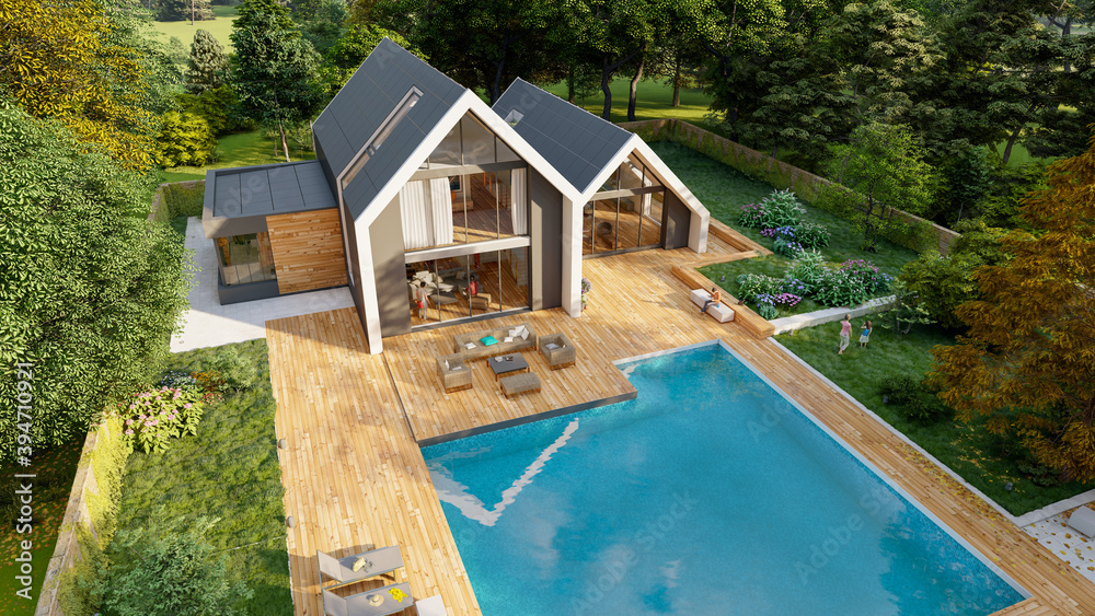 Aerial view of Modern pitched roof villa with pool and garden - obrazy, fototapety, plakaty 