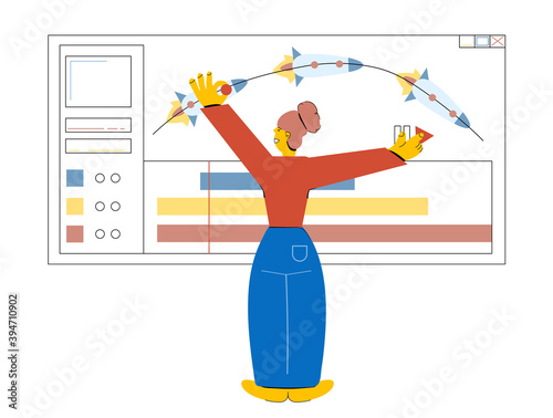 Young woman animator work on her an animation project. Process of developing an app, make a game. Animation process. Girl freelancer. Remote work. Minimalistic line-art flat vector illustration.
