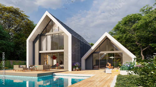 Foto Modern pitched roof villa with pool and garden