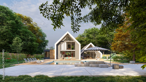 Photos Modern pitched roof villa with pool and garden