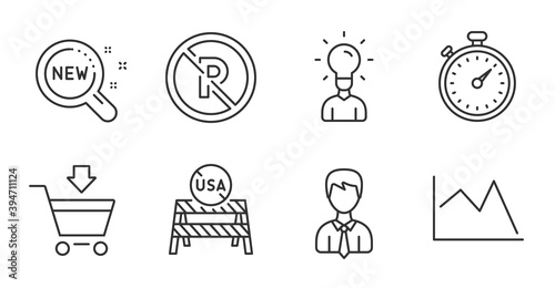 Line chart, Usa close borders and No parking line icons set. Timer, New products and Businessman signs. Online market, Education symbols. Financial graph, Coronavirus restrictions, Car park. Vector