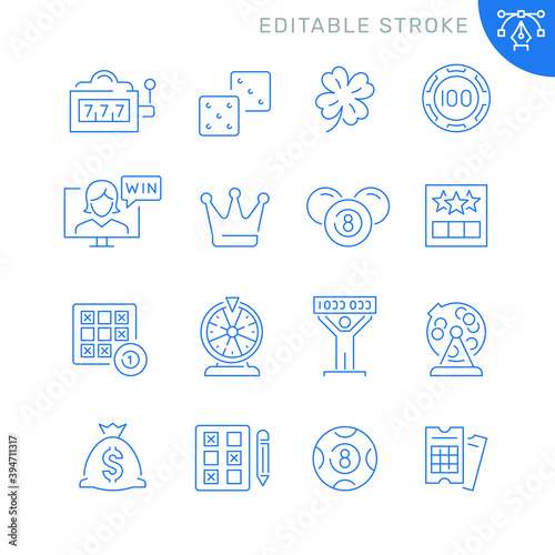 Lottery and gambling related icons. Editable stroke. Thin vector icon set