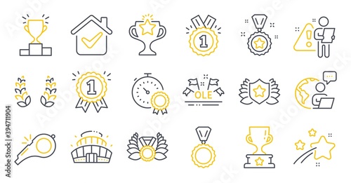 Set of Sports icons, such as Reward, Laureate medal, Arena stadium symbols. Laurel wreath, Winner cup, Ole chant signs. Approved, Victory, Whistle. Laureate, Winner podium, Medal. Vector