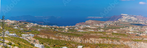 A panorama view from the castle in Pyrgos, Santorini in summertime