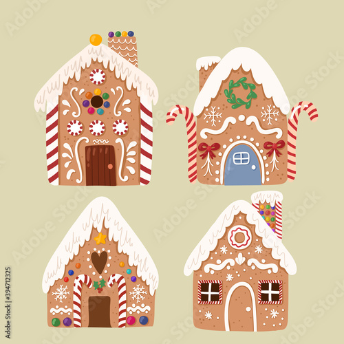 Cute vector Collection of Gingerbread house,sweet christmas traditional cookie in hand drawn style. 