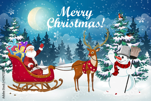 Christmas scene with Santa in a sleigh with gifts