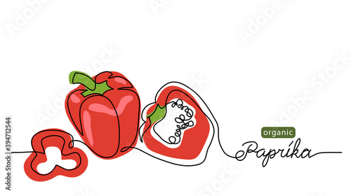 Paprika, bell pepper, red sweet pepper vector illustration. One line drawing art illustration with lettering organic paprika.