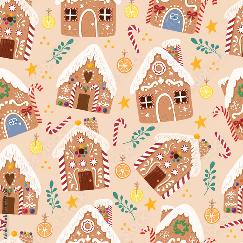 Cute vector seamless pattern of Gingerbread house,sweet christmas traditional cookie in hand drawn style. 