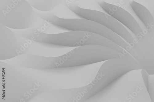 Modern abstract parametric three-dimensional background of a set of wavy white three-dimensional petals converging in a cent. 3D illustration