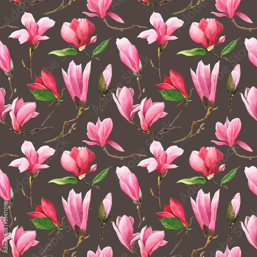 Pattern with pink magnolia on a brown background. Watercolor illustration.