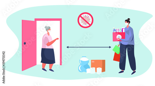 No Contact Home Delivery During Coronavirus.Delivery Food and Drug During Quarantine.Online Shopping.Delivery Woman in Mask Leaves Food and Water for Pensioner.Social Distance.Flat Vector Illustration