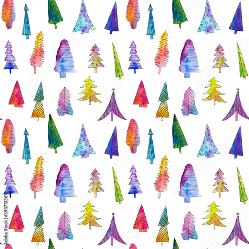Watercolor Christmas trees seamless pattern. Hand drawn watercolor Christmas illustrations of colorful Christmas trees isolated on white background. Christmas background.