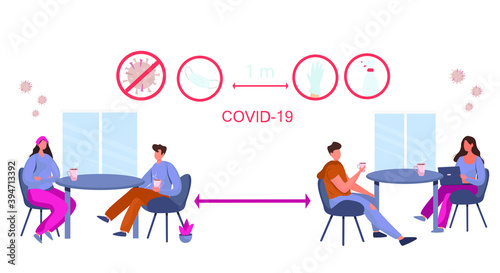 Social Distance in Restaurant or Cafe.People in Mask Sitting at Tables Separated from Each Other and Eating after COVID-19.Protection from Coronavirus Prevention of Quarantine.Flat Vector Illustration
