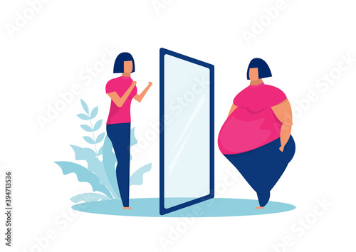 fat lady  looking at mirror fit reflection before and after concept.