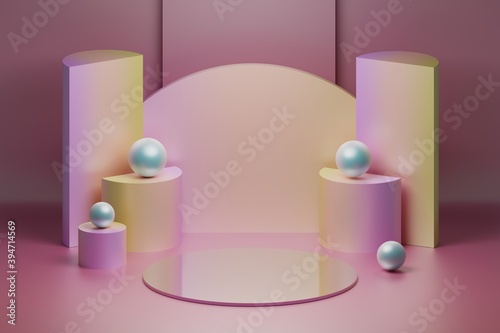 Composition with product presentation reflective mirror stage in soft pink colors