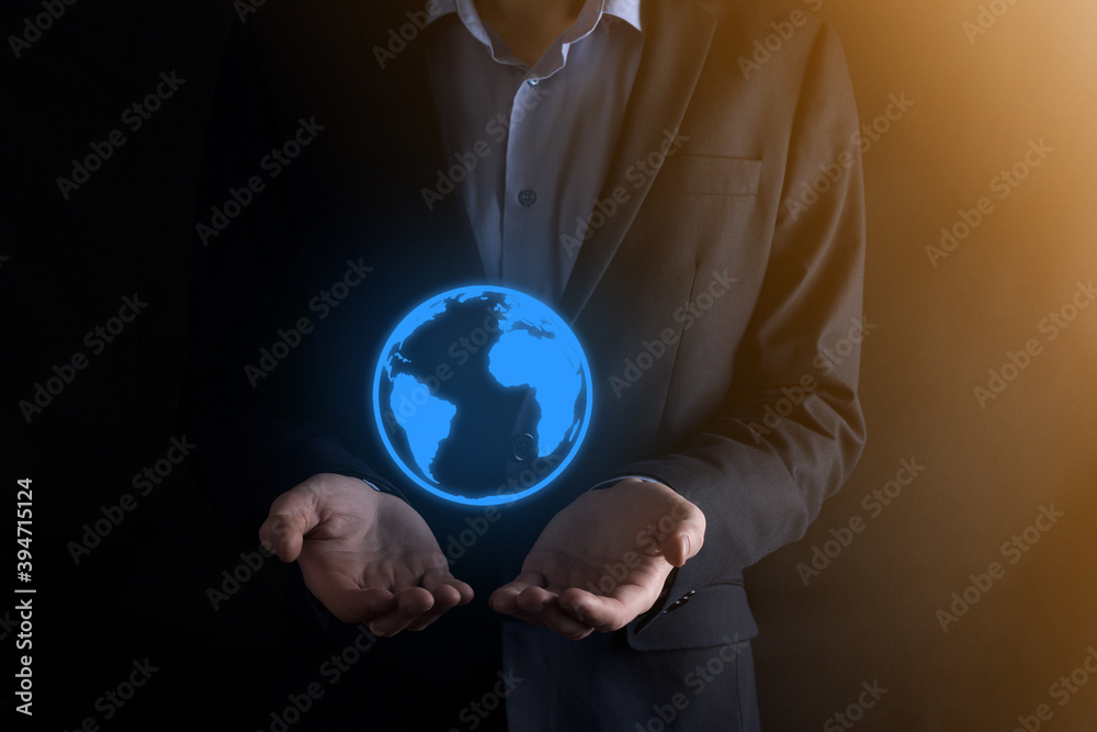 Businessman man hand holding Earth icon , digital globe Businessman man hand holding Earth icon , digital globe