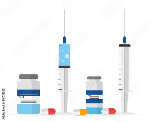 Syringe with vial for injection. Needle of syringe for shot hypodermic. Icon of vaccine, pills and antibiotic. Medical bottle with liquid drug, capsules. Medicine from doctor. Dose in ampoule. Vector