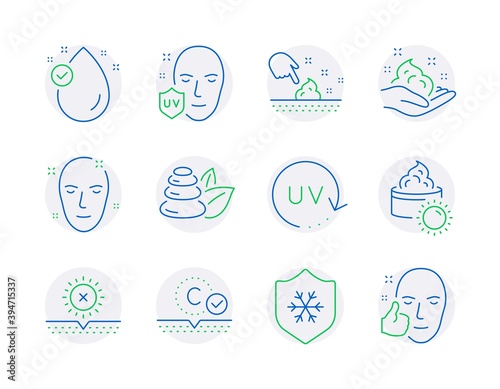 Beauty icons set. Included icon as Collagen skin, No sun, Skin care signs. Sun cream, Spa stones, Vitamin e symbols. Uv protection, Uv protection, Healthy face line icons. Quality line icons. Vector