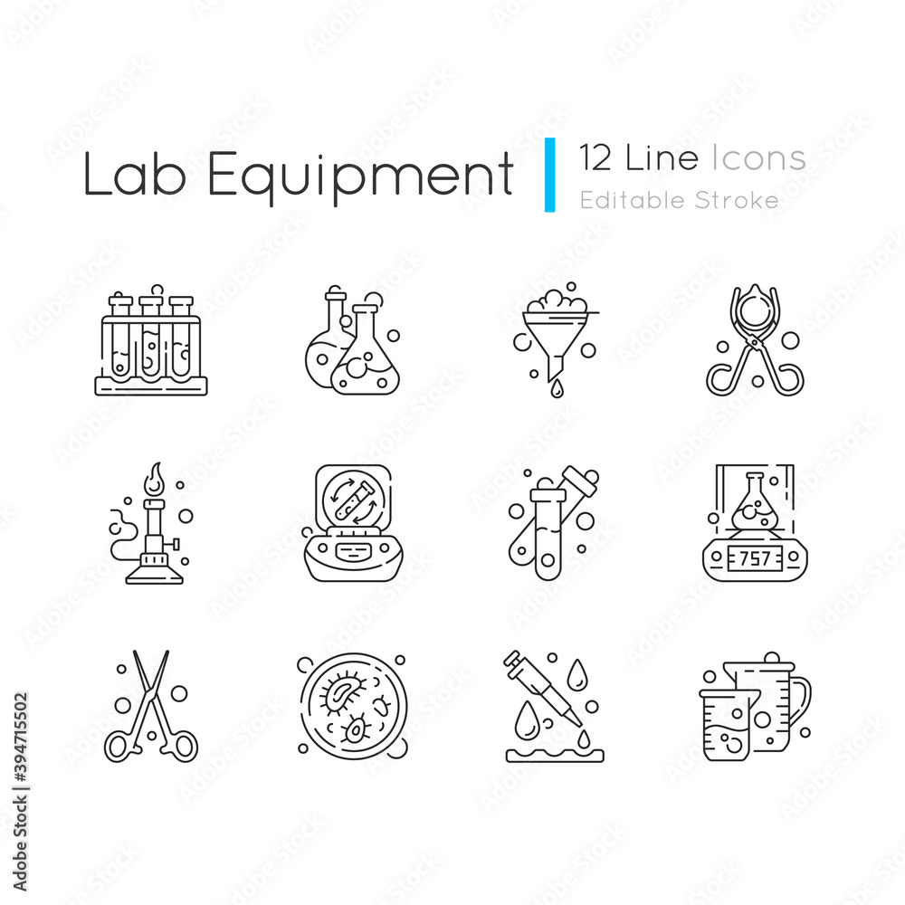 Lab equipment linear icons set. Test tube rack. Chemistry glassware. Petri dish. Bunsen burner. Customizable thin line contour symbols. Isolated vector outline illustrations. Editable stroke Lab equipment linear icons set. Test tube rack. Chemistry glassware. Petri dish. Bunsen burner. Customizable thin line contour symbols. Isolated vector outline illustrations. Editable stroke