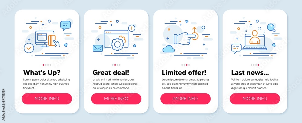 Set of Technology icons, such as Drag drop, Online payment, Seo gear symbols. Mobile screen banners. Best manager line icons. Move, Money, Settings. Best developer. Drag drop icons. Vector