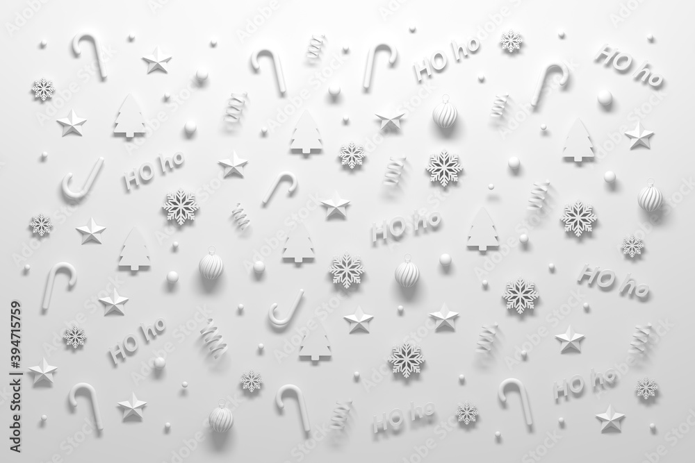 White Christmas background with many small objects - candy canes, snowflakes, baubles, trees White Christmas background with many small objects - candy canes, snowflakes, baubles, trees