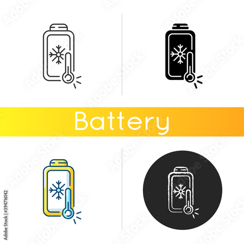 Battery charging undercooling problem icon. Modern devices working time multiplying. Low temperature charger. Linear black and RGB color styles. Isolated vector illustrations photo