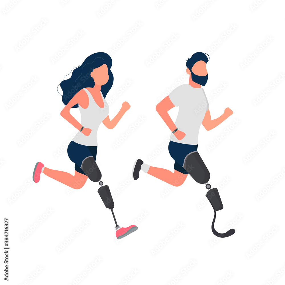 Set of people with prosthetic legs. A guy and a girl with prostheses are running. Isolated. Vector. Set of people with prosthetic legs. A guy and a girl with prostheses are running. Isolated. Vector.