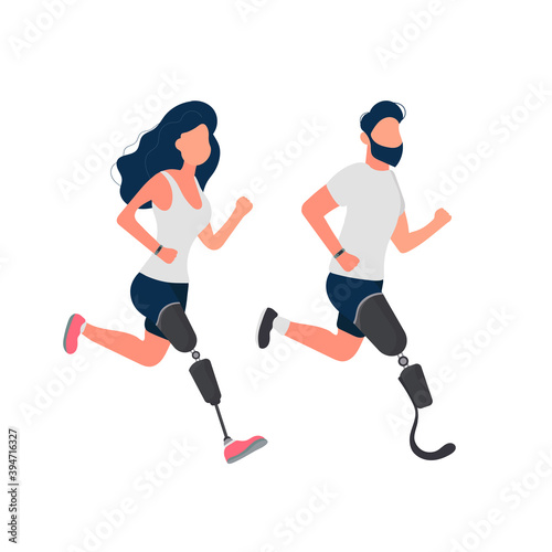 Set of people with prosthetic legs. A guy and a girl with prostheses are running. Isolated. Vector.