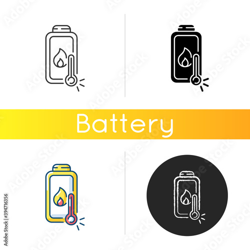 Battery overheating problem icon. Dealing with dangerous device issues. Creating bad charging cables. High heat. Linear black and RGB color styles. Isolated vector illustrations