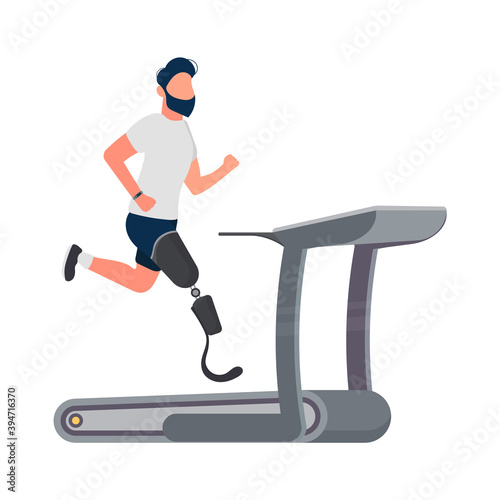 A man with a prosthetic leg is running on a treadmill. Sports concept for people with disabilities. Vector.