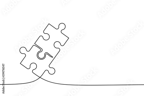 Gordijnen Twee verbonden puzzelstukjes van één doorlopende lijn getrokken.  Puzzelelement. Vector illustratie. - Nikkel-Art.nl