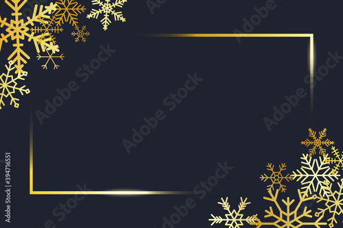 Transparent gold frame angles with golden snowflakes. Banner for Merry Christmas and New Year text. Golden rectangle corners with gold snowflake. Vector.
